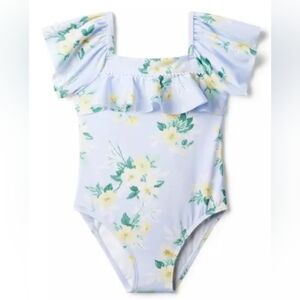 Janie and Jack Girl sky blue Recycled floral ruffle swimsuit.